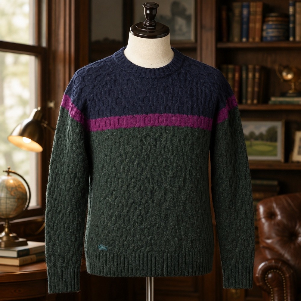 Lacoste Wool Blend Textured Knit Crewneck Sweater Mens M Colorblock Green Navy